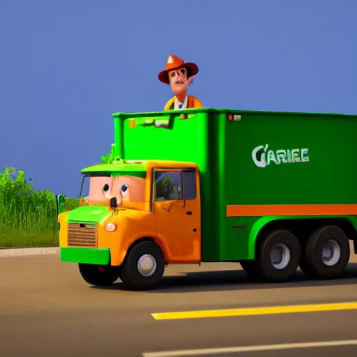 Prompt: garbage man mixed breed dog, green hat, green garbage truck, 3 d model, cartoony, pixar style, artstation, unreal engine, on the side of the road, sunrise, 4 k, ultra quality