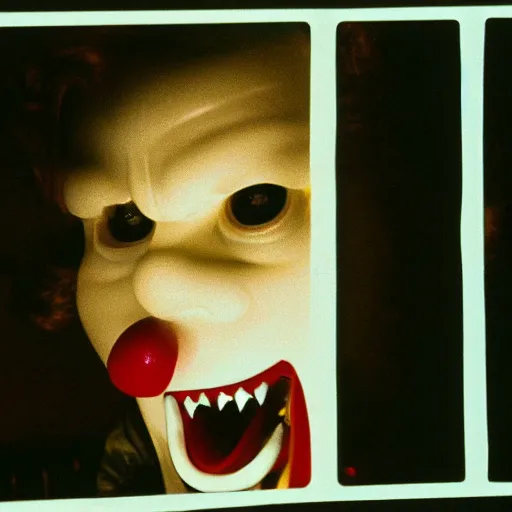 Image similar to creppy 2 0 0 1 photo of ronald mcdonald screaming in a dark room