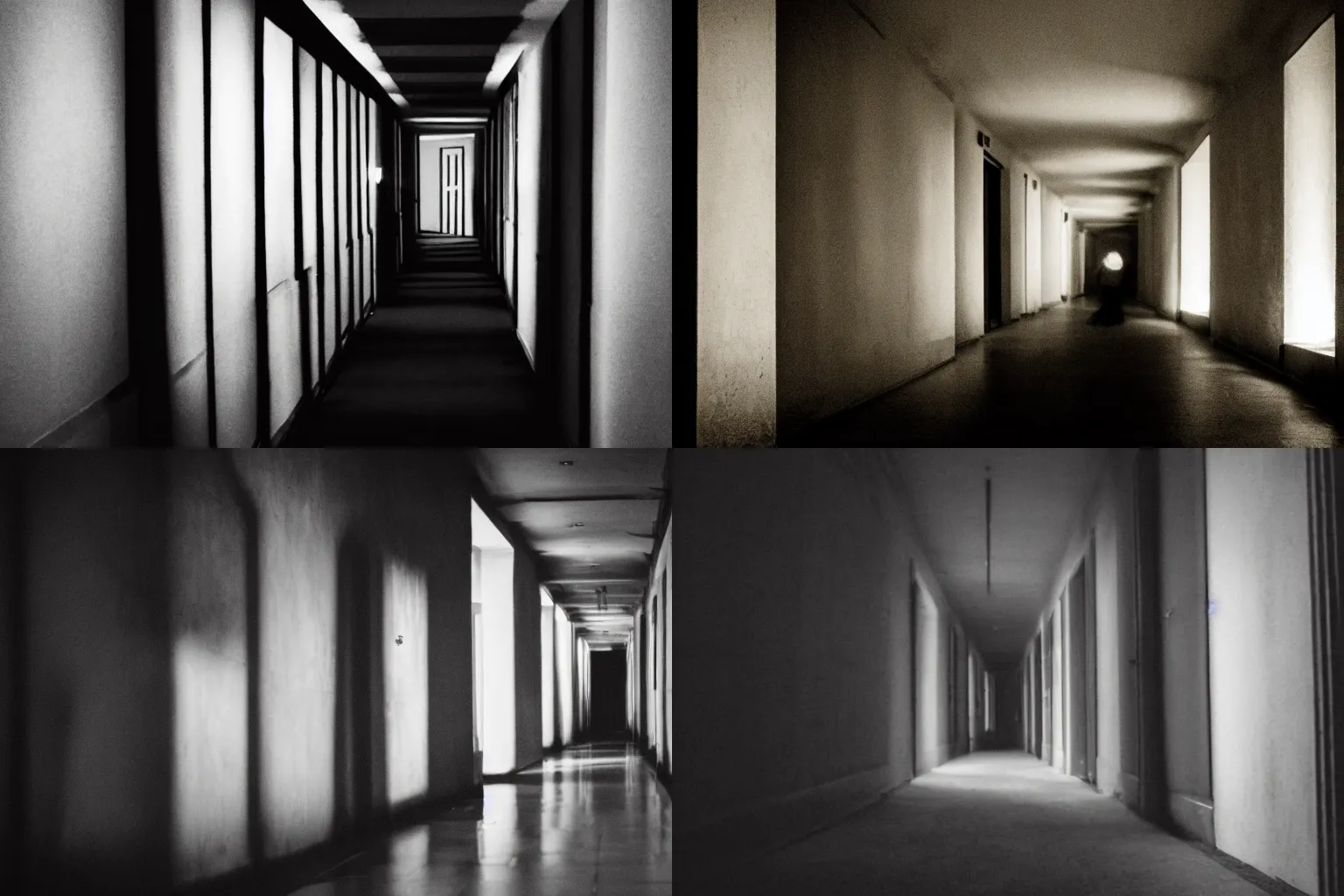 Prompt: long dark hallway, shadow creature stares, lurking horrors, liminal, demons in the dark