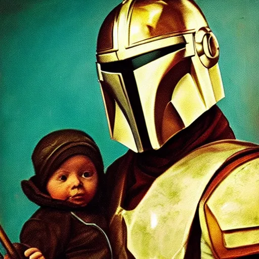 Image similar to renaissance oil painting of the mandalorian and baby grogu, renaissance oil painting, sharp focus, high contrast studio lighting