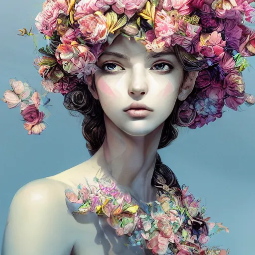 Image similar to the portrait of an absurdly beautiful, graceful, elegant mature young woman made of petals looking up, an ultrafine detailed illustration by kim jung gi, irakli nadar, intricate linework, bright colors, octopath traveler, final fantasy, angular, unreal engine 5 highly rendered, global illumination, radiant light, detailed and intricate environment