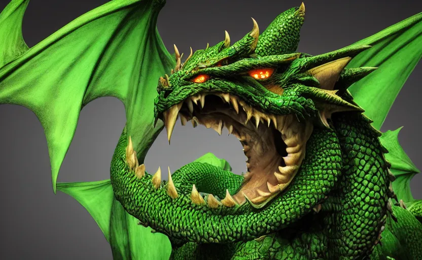 Prompt: green dragon, smiling, studio shot, volumetric lighting, 8k, real life picture, realistic, hyperdetailed, no blur, shadows