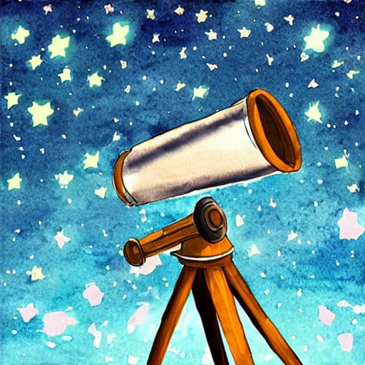 Prompt: a telescope on the summit of a mountain in the night, the sky is full of stars, digital art, watercolor