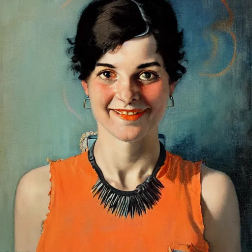 Image similar to Front portrait of an amused woman with black hair and ice blue eyes, wearing a spiked necklace and an orange tank top. A painting by Norman Rockwell.