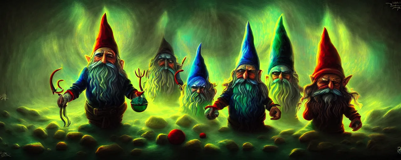 Image similar to whimsical bifrost alchemical gnomes, surreal dark uncanny painting by ronny khalil