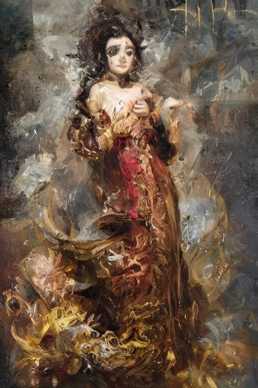 Image similar to an epic painting of a 1 9 years old girl figure, curly messy high bun hairstyle, oriental tattoos, subject wearing a gold and ruby high fashion gown, flowing, ornate, beautiful, muted tonal colors, with few vivid green highlights, by jeremy mann and greg rutkowski, artstation, oil on canvas