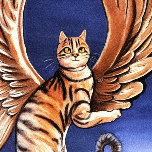 Image similar to a very detailed, painting of a cat with wings flying though the sky in michelangelo style of painting