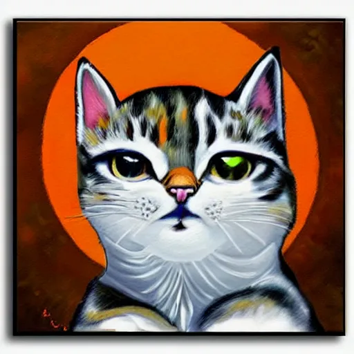 Image similar to canvas painting of cat monk cartoon, front view, eyes closed, omm