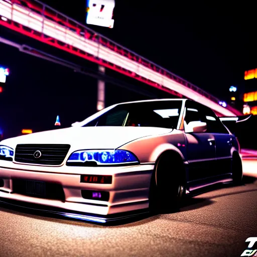 Image similar to a car JZX100 twin turbo drift at illegal car meet, Shibuya prefecture, city midnight mist lights, cinematic lighting, photorealistic, highly detailed wheels, high detail