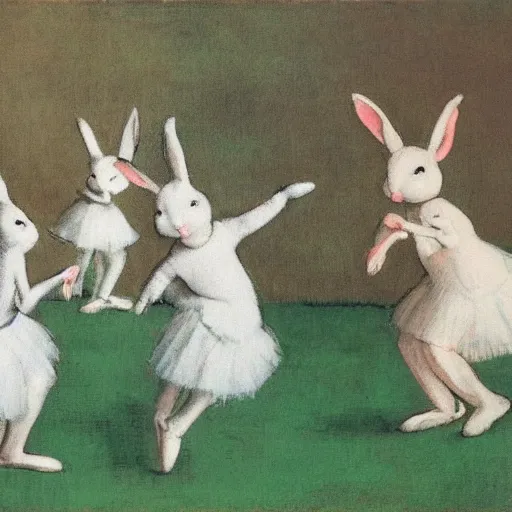 Prompt: rabbits dancing ballet on stage in the style of degas