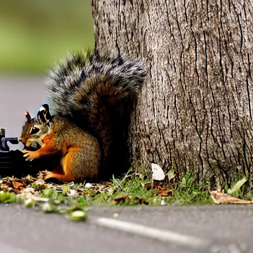 Prompt: nature photography of a squirrel eating a dead bird on the side of the road, 2 0 0 8 horror movie still