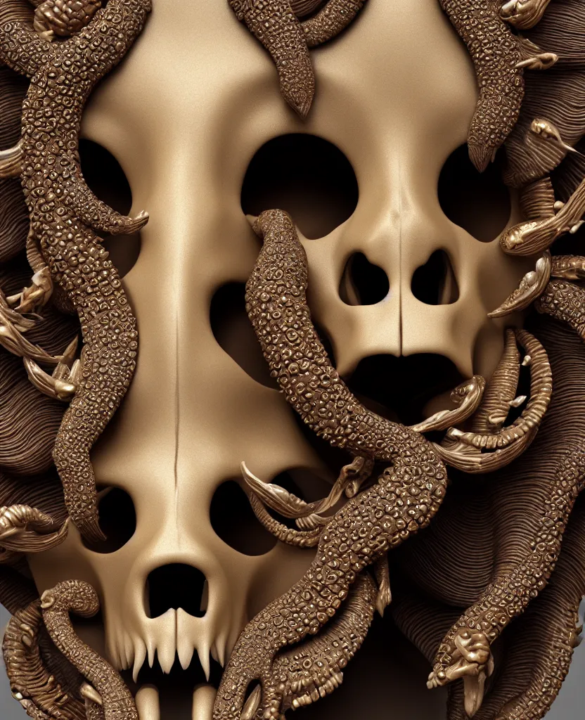 Image similar to goddess princess face close-up portrait ram skull. sculpture made of black clay and gold. jellyfish phoenix head, nautilus, orchid, skull, betta fish, bioluminiscent creatures, intricate artwork by Tooth Wu and wlop and beeple. octane render, trending on artstation, greg rutkowski very coherent symmetrical artwork. cinematic, hyper realism, high detail, octane render, 8k