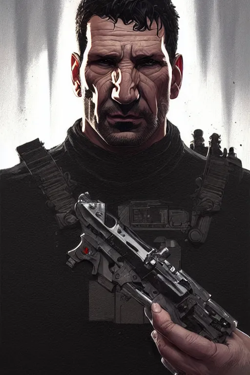 Image similar to a portrait of punisher ( frank castle ), fantasy, sharp focus, intricate, elegant, digital painting, artstation, matte, highly detailed, concept art, illustration, ambient lighting, art by ilya kuvshinov, artgerm, alphonse mucha, and greg rutkowski