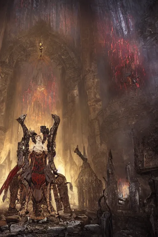 Image similar to Path of Exile, Sirius, bronze face, red eyes, male image with bronze black armor, sitting on the throne, inside the ruined gothic church, black shadows, dark red bloody fog fly around, [[blood]], Anachronism, painting, dark fantasy, steampunk, 4k, perfect quality,