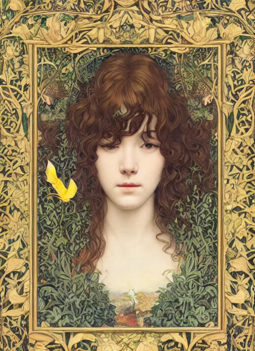 Image similar to masterpiece beautiful seductive flowing curves preraphaelite face portrait photography, extreme close up shot, straight bangs, thick set features, yellow ochre ornate medieval dress, miho hirano, amongst foliage mushroom forest circle arch, william morris and kilian eng and mucha, framed, 4 k
