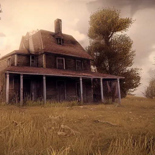 Image similar to There is an old, abandoned house on the edge of town that is said to be haunted. No one knows for sure what happened to the family who once lived there, but it is said that they were cursed. The house is said to be haunted by the spirits of the family members who died there, Realistic, Horror, Unreal Engine 4, Creepy,