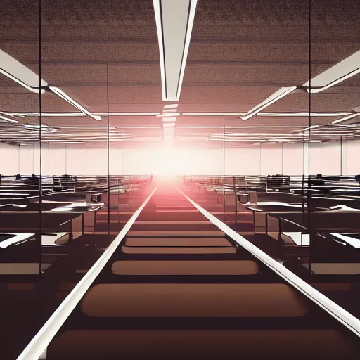 Image similar to digital artwork of lone person working in a huge room full of cubicles, the only light is coming from his desk