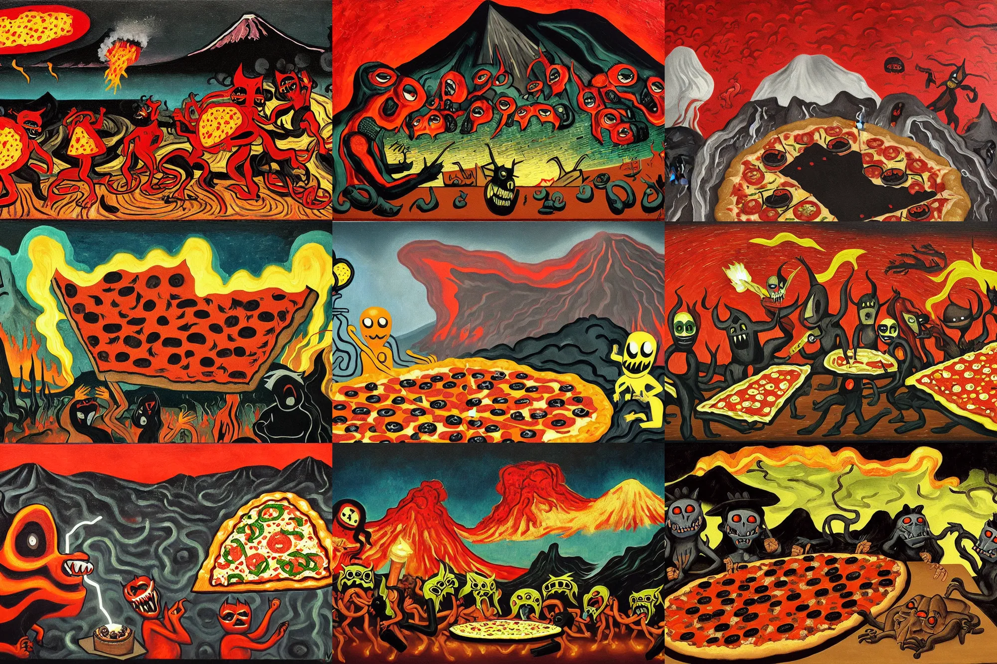 Prompt: masked demons grabbing a large pizza!!!, in the background is a volcano spewing lava and black smoke, streams of glowing hot lava, flashes of lightning in the distance. wide angle, long shot, an ultrafine detailed painting by vinent van goch, deviantart, pop surrealism