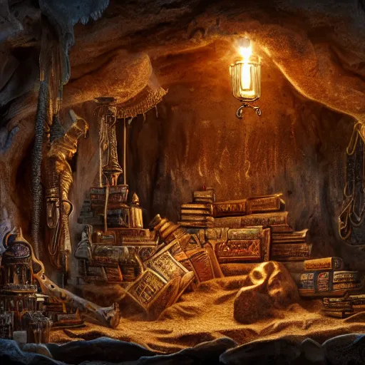 Image similar to epic view of an ancient dark byzantine cave interior, ornate oil lamp on a pile of crystals, books covered in jewels, ornate, surrounded by strange statues and treasure, full of sand and dust, hyper real, Indiana Jones, Tomb Raider, trending on artstation, concept art, cinematic, jewels