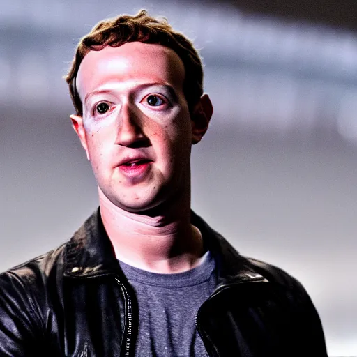 Prompt: Mark Zuckerberg plays Terminator, wearing leather jacket, red eye, VFX film