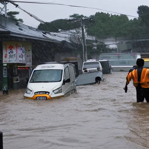 Prompt: heavy rain with flood in south korea