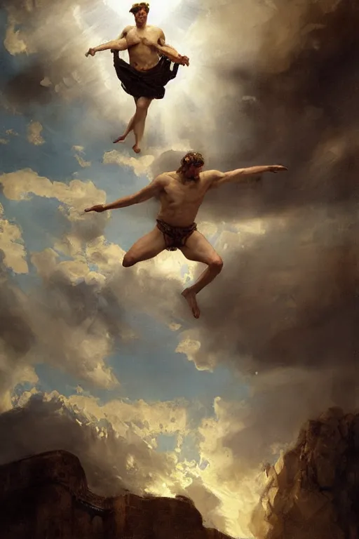 Image similar to beautiful oil painting portrait of ancient roman god emperor steve buscemi floating in the air wearing the civic crown levitating and ascending in a religious pose, ascension, art by anders zorn, wonderful masterpiece by greg rutkowski, expressive brush strokes, beautiful cinematic light, american romanticism by greg manchess, jessica rossier