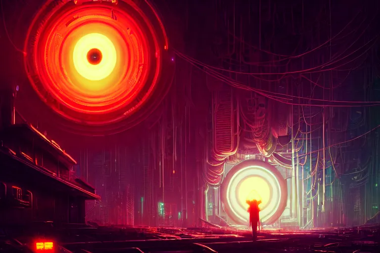 Image similar to portrait of a mystical giant eye, mechanic, dystopian, ( ( cyberpunk ) ), intricate, ( ( ( abstract ) ) ), cinematic, glow, neons, octane render, wlop, greg rutkowski, dan mumford, artgerm