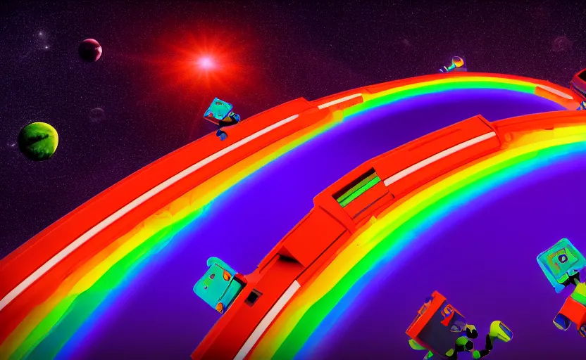 Image similar to crowd of humans and robots running from earth to mars on a rainbow bridge, ultra hd, neon colors