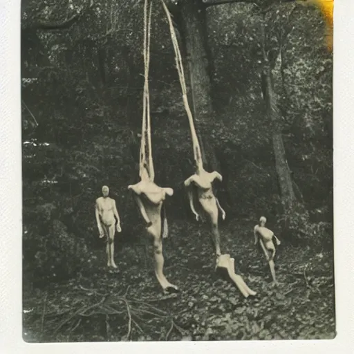 Prompt: bodies hanging from trees, occult ritual in swamp, Polaroid picture