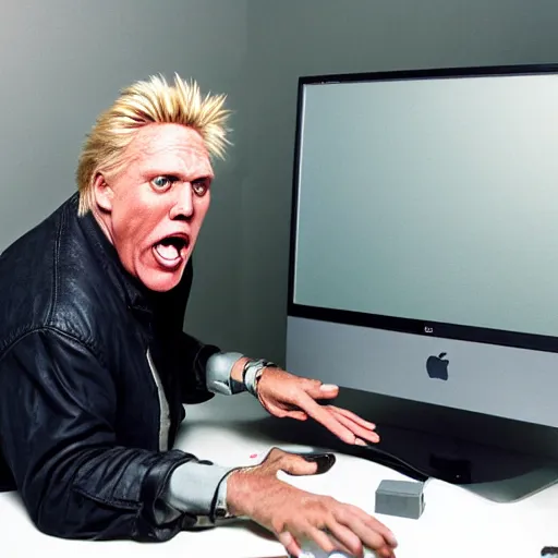 Prompt: gary busey screaming at a desktop computer in 1 9 9 9, ( sony a 7 r iv, symmetric balance, polarizing filter, photolab, lightroom, 4 k, dolby vision, photography awardm, voque, perfect face )