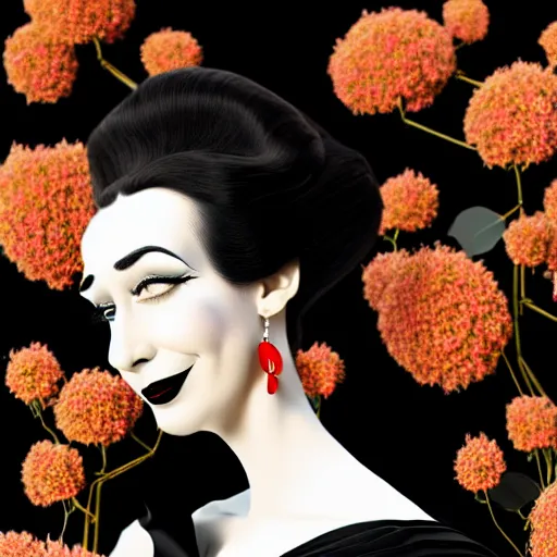 Image similar to portrait of an absurdly graceful, elegant, slender, sophisticated woman wearing black victorian dress, covered in flowers, by dr seuss, tex avery, intricate, beautiful, artstation 8 k