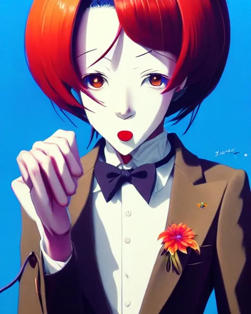 Image similar to clown in a suit | | very very anime!!!, fine - face, audrey plaza, realistic shaded perfect face, fine details. anime. realistic shaded lighting poster by ilya kuvshinov katsuhiro otomo ghost - in - the - shell, magali villeneuve, artgerm, jeremy lipkin and michael garmash and rob rey