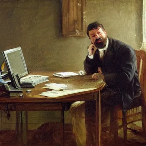 Image similar to an angry man yells at his computer monitor, oil on canvas, 1 8 8 3, highly detailed