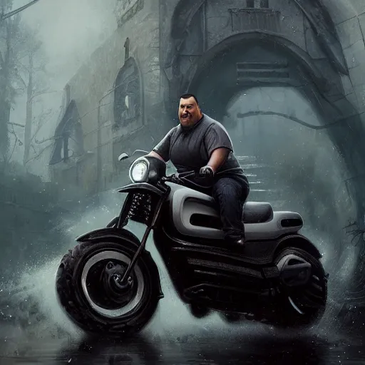 Prompt: obese Steven Seagal riding a scooter, amazing splashscreen artwork, splash art, natural light, elegant, intricate, fantasy, atmospheric lighting, cinematic, matte painting, by Greg rutkowski