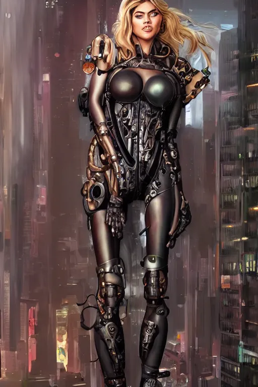 Image similar to wow! 3 / 4 stunning photorealistic portrait of kate upton in a kowloon cyberpunk cityscape, biomechanical bodysuit, oppai proportions, acid rain, dark fantasy by artgerm and clay mann and sorayama and alphonse mucha, very realistic, hyperdetailed, trending on artstation, octane render