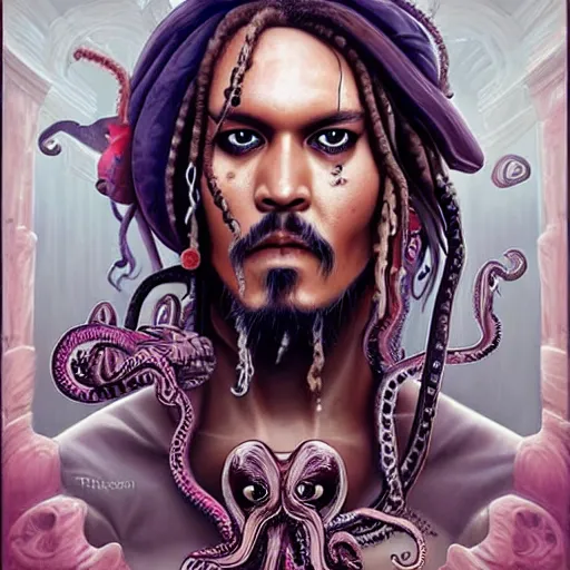 Image similar to Lofi BioPunk Lovecraft Lovecraftian portrait of Jack Sparrow with an octopus Pixar style by Tristan Eaton Stanley Artgerm and Tom Bagshaw