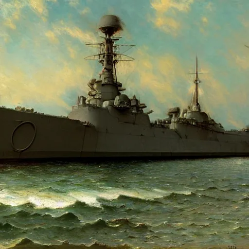 Prompt: detailed cinematic wide shot of world war 2 battleship, ultra realistic, spring light, painting by gaston bussiere, craig mullins, j. c. leyendecker.