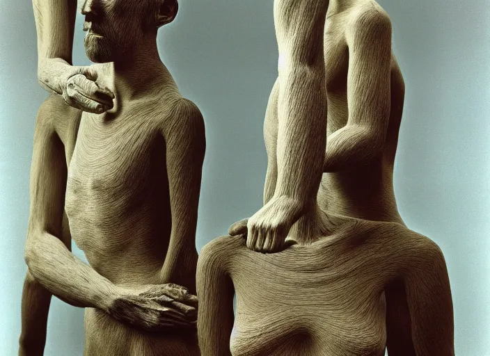 Image similar to realistic photo of a three hairy human sculptures by max ernst made of white clay, in a living room sci - fi laboratory with many wooden gadgets made of wood interior is made of wood 1 9 9 0, life magazine reportage photo, natural colors