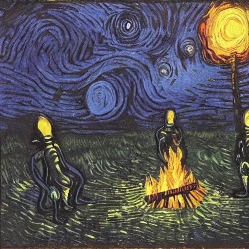 Prompt: alien at a bonfire, painted by van gogh