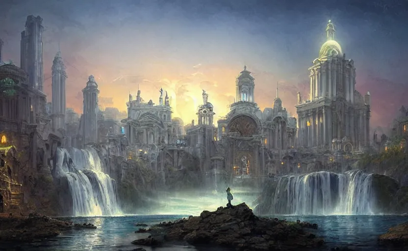 Image similar to epic landscape of a fantasy city with marble buildings and waterfalls at dusk, ambient lights, artwork by brom and rutowski