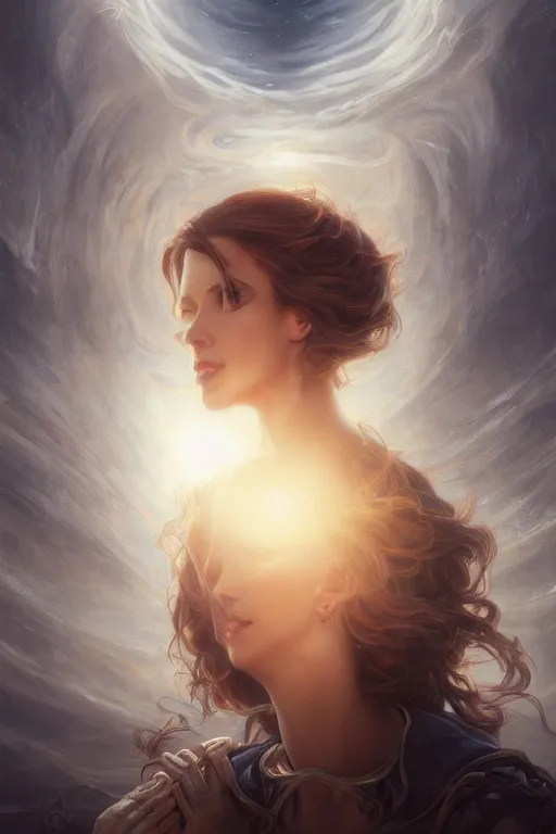 Image similar to cloudy dusty wind blowing!!!, underwater and dreaming of the void! multiple cinematic volumetric rim lights, bust portrait, dnd, fantasy, intricate, elegant, highly detailed, digital painting, artstation, concept art, smooth, sharp focus, illustration, art by artgerm and tom bagshaw and greg rutkowski and alphonse mucha