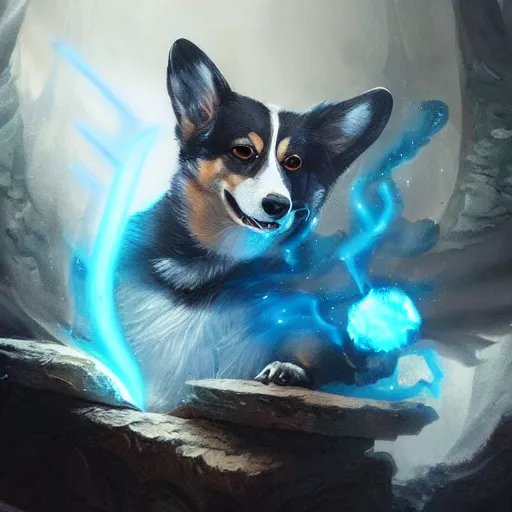 Prompt: corgi, d & d character art, spellcaster, blue spell effects, mystical, magical, fantasy, arcane, hyperrealistic, digital illustration, greg rutkowski, artgerm, trending on artstation, 8 k