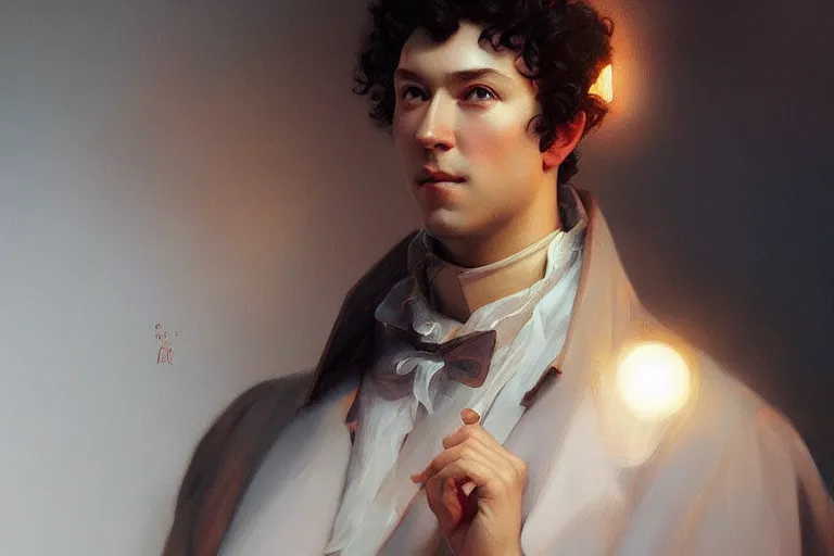 Image similar to russian poet alexander pushkin, portrait, highly detailed, digital painting, artstation, concept art, smooth, sharp focus, illustration, cinematic lighting, art by artgerm and greg rutkowski and alphonse mucha