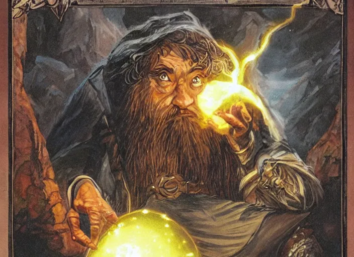 Image similar to a dwarf sorcerer holding a gigantic glowing diamond. his eyes are glowing. high fantasy art ( 1 9 8 7 )