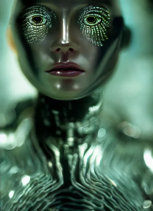 Prompt: hyper realistic and detailed closeup photo of a chrome female android with segmented iridescent scales and inner light in blade runner by annie leibovitz