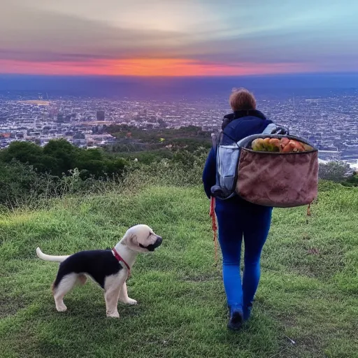 Prompt: A puppy carrying fruit in a backpack, on the top of a hill, looking at the city in the distance, during a sunset, hyper-realistic