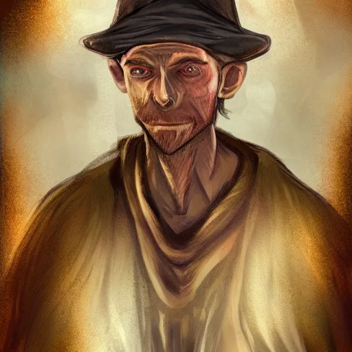 Image similar to Chawick the Fail Wizard, a young scrawny man in ragged and stained wizard's robes and hat. 8k resolution, full-length portrait, digital painting, fantasy art.