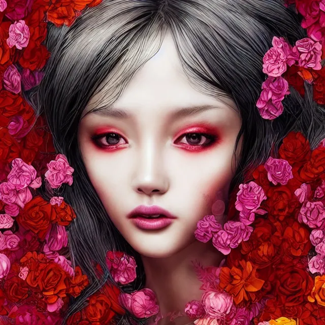 Image similar to an absurdly beautiful, elegant, young hypercolorful sensual gravure idol partially made up of rubies and red petals, ultrafine hyperrealistic detailed face illustration by kim jung gi, irakli nadar, intricate linework, sharp focus, bright colors, matte, octopath traveler, final fantasy, unreal engine highly rendered, global illumination, radiant light, intricate environment