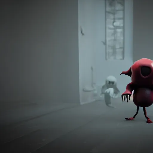 Image similar to 3 d render of new monster of little nightmares 2, placed in a bloody hall, body parts, heads, legs, arms, octane render, scary, horror atmosphere