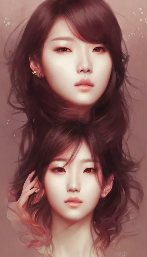 Image similar to portrait of kpop idol, dreamy and ethereal, expressive pose, fierce expression, intricate, rose tones, highly detailed, digital painting, artstation, concept art, smooth, sharp focus, illustration, art by artgerm and greg rutkowski and alphonse mucha